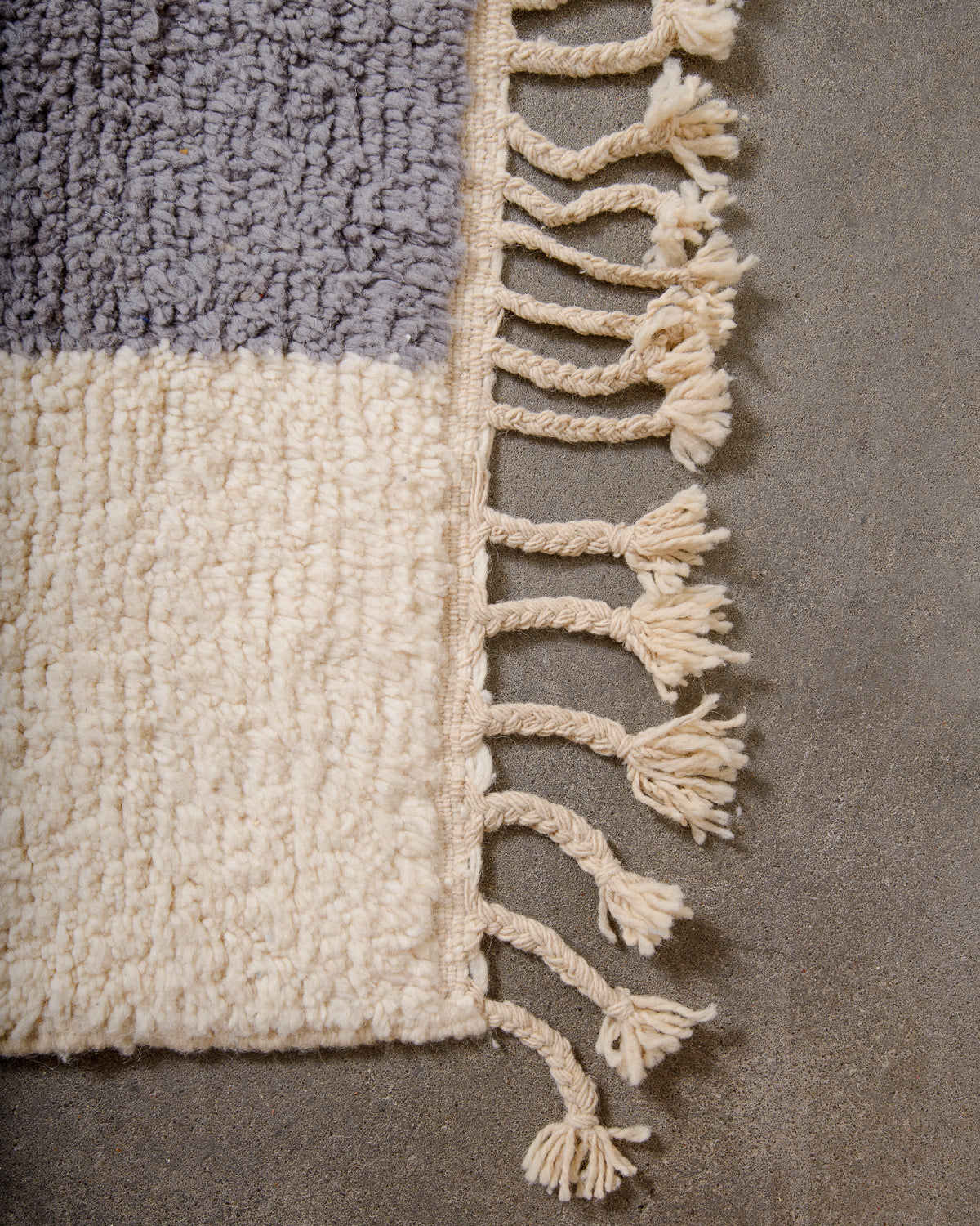 Modern, designer, handcrafted Berber rug from Morocco. Beniourain carpet with beautiful colours and patterns and fluffy wool texture.
